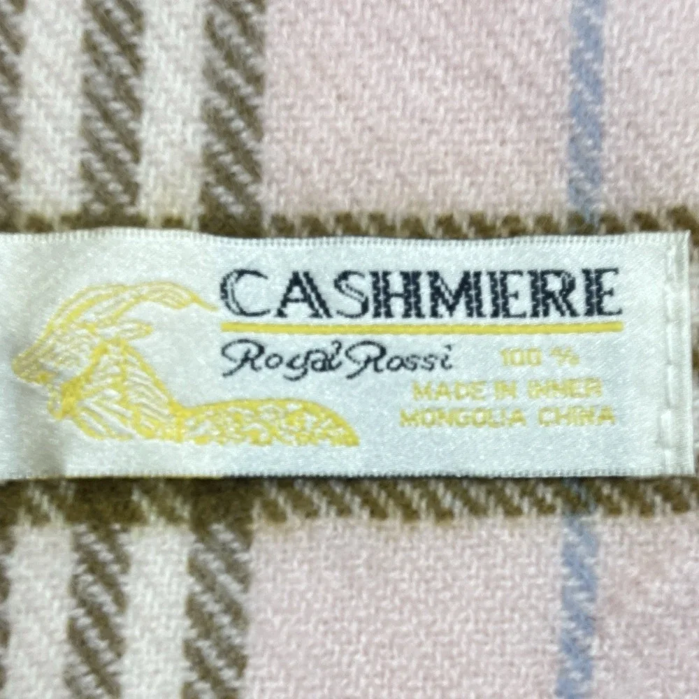 Royal Rossi 100% Mongolian Cashmere Rectangular Scarf Pink Plaid Fringe 58